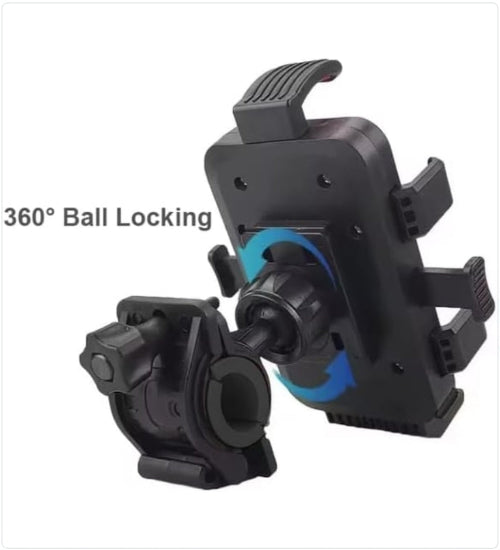 Prikaz crnog držača za telefon za motocikl sa mehanizmom za rotaciju od 360 stepeni. Držač ima podesive bočne i donje stezaljke za telefon i montira se na upravljač motocikla pomoću stege sa šrafom.