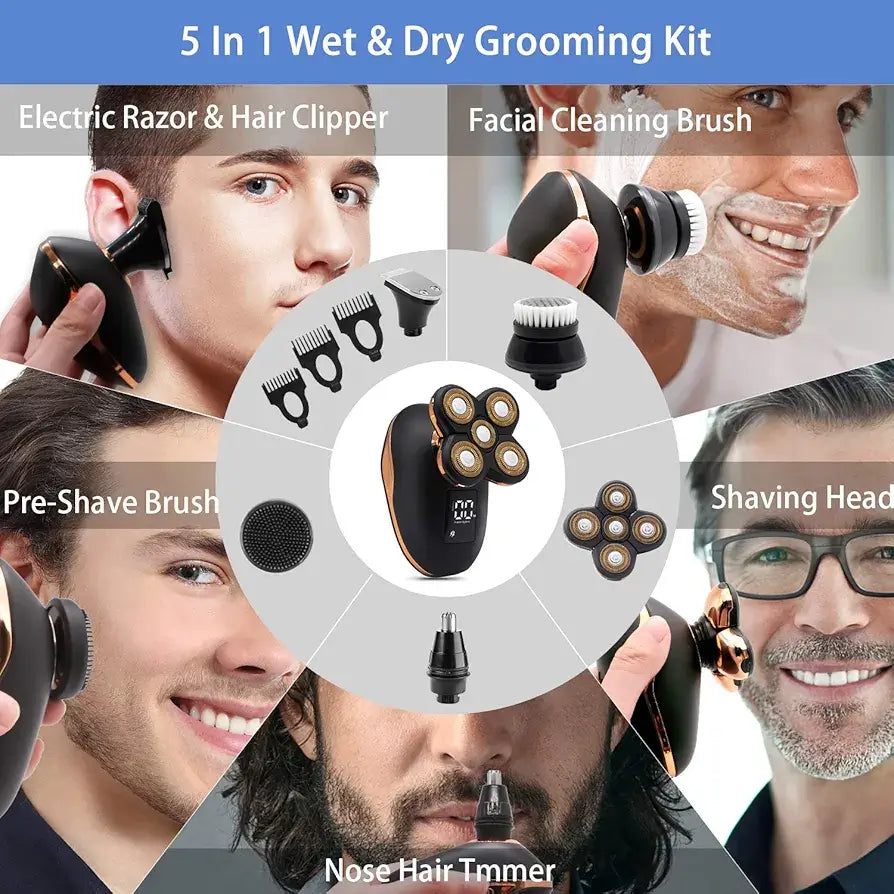 Multifunkcionalni 5 u 1 komplet za muskarce: elektricni brijac, trimer za nos i usi, cetka za lice i masazer.