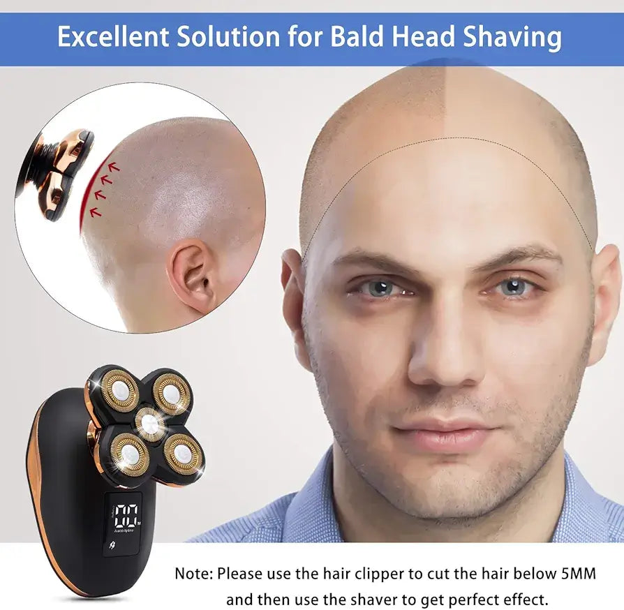 Detaljan prikaz glave 5D elektricnog brijaca sa pet rotirajucih seciva za temeljno brijanje.