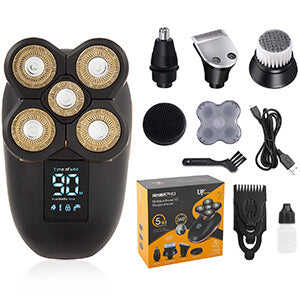Multifunkcionalni 5D elektricni brijac sa zamenljivim glavama i priborom za negu.