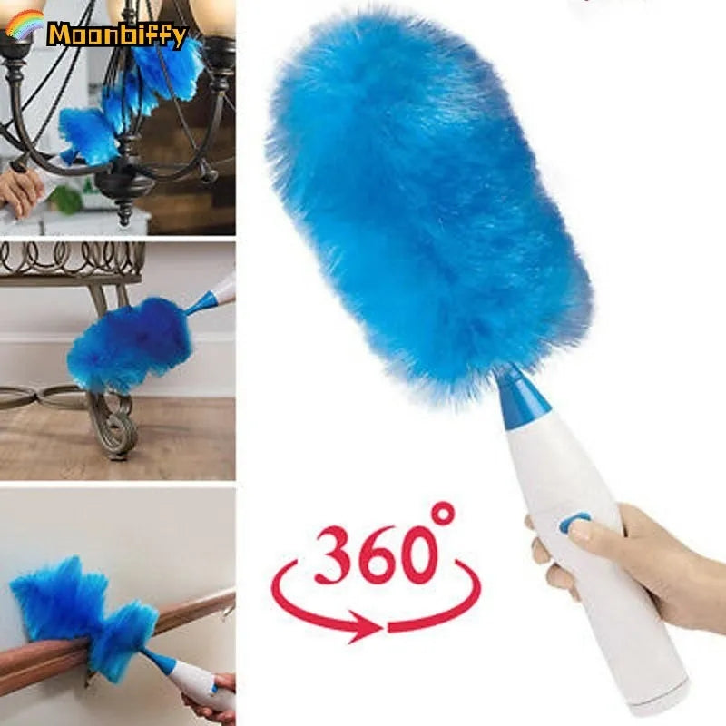 Kompozitna slika prikazuje ActiDust elektricnu cetku za prasinu sa rotacijom od 360 stepeni u ruci, kao i primere upotrebe za ciscenje lustera, nogu stola i roletni. Efikasno uklanjanje prasine sa razlicitih povrsina.