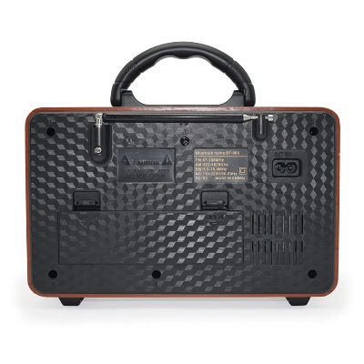 Zadnja strana Bluetooth radio zvucnika, prikaz prikljucaka i detalja dizajna.