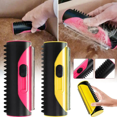 Prikaz cetke za ljubimce u roze-crnoj i zuto-crnoj boji. Ruka demonstrira koriscenje. Univerzalna.