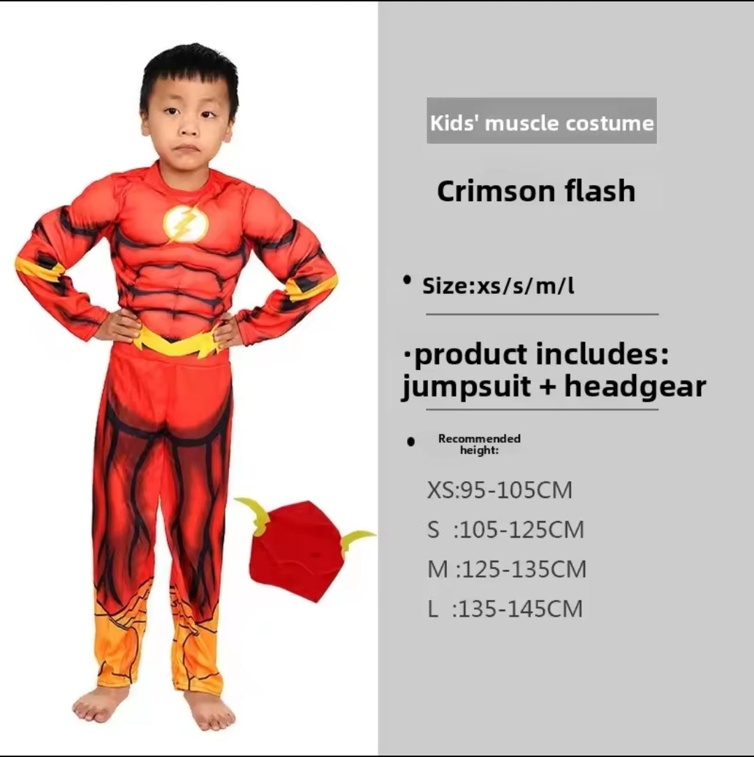 Crimson Flash kostim za decu jednodelni sa kapom misicavi efekat velicine za decake S L XL popularan junak za maskembal