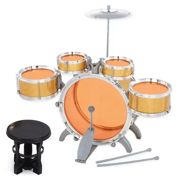 Komplet dečijih bubnjeva Eccho Jazz Drum sa pet bubnjeva, činelom, pedalom za bas bubanj, dve palice i stolicom.