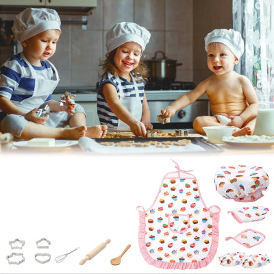 Kompletan set za pečenje deca se igraju kuhinja kecelja kapa kalupi i pribor mali kuvari