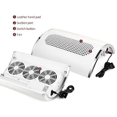 Detaljan prikaz profesionalnog usisivaca za manikir. Dugme za ukljucivanje, ventilatori, filter. Oprema za nail tehnicare.