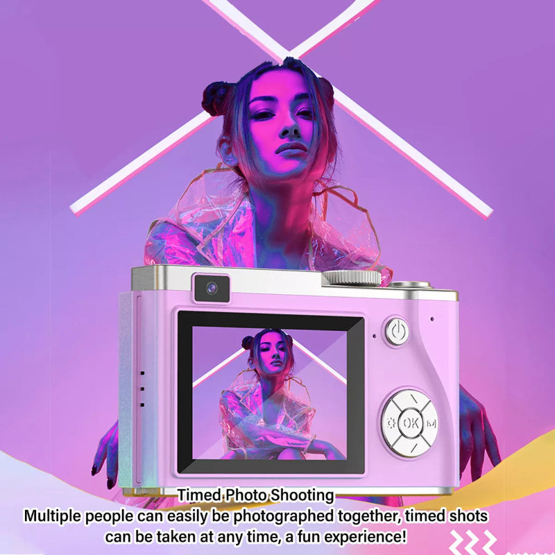 Reklamna fotografija digitalnog fotoaparata od 48MP s tekstom 'Timed Photo Shooting' i opisom mogućnosti snimanja grupnih fotografija i samookidača.