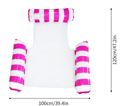 Prikaz dimenzija roze-bele plutajuce lezaljke. Kompaktna i prakticna za putovanja. Za opustanje na vodi.