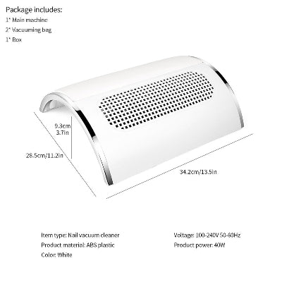 Dimenzije profesionalnog usisivaca za nokte. Kompaktan dizajn, pogodan za svaki manikir salon. Specifikacije uredjaja.
