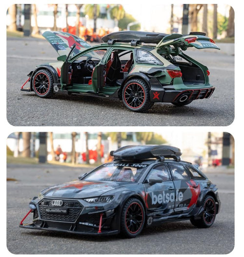 Kolaž dve fotografije prikazuje dva modela Audi RS6 Avant automobila sa "Gumball 3000" oznakama. Gornja slika prikazuje model maskirne boje sa otvorenim vratima, haubom i prtljaznikom. Donja slika prikazuje sivi model sa "betsafe" logotipom i krovnim nosacem. Oba modela imaju crne felne sa crvenim detaljima.