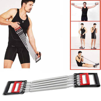 Kolaz slika sa vezbama pomocu grudnog ekspandera. Prikazane vezbe za jacanje misica grudi i gornjeg dela tela.