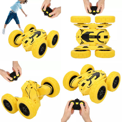Model RC akrobatskog auta zute boje sa daljinskim upravljacem visestruki pogledi na vozilo i tockove