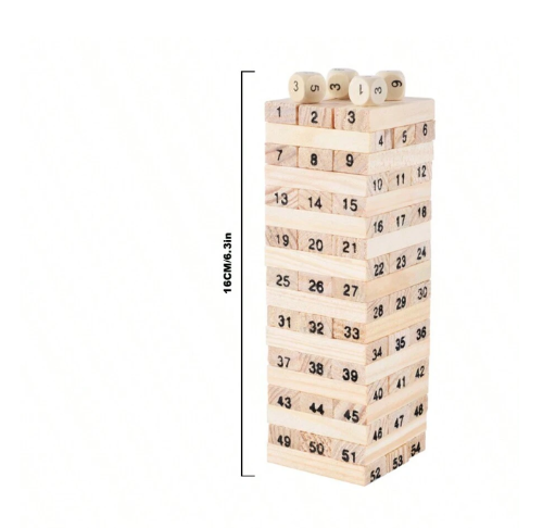 Jenga drvena igra toranj napravljen od numerisanih drvenih kockica (1-54), sa tri drvene kockice na vrhu (3, 5 i 6). Prikazana je visina tornja od 16cm / 6.3in.