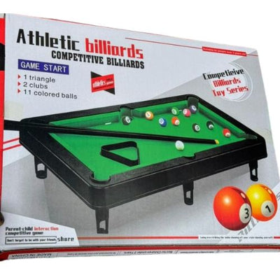 Sportska takmicarska igrica stoni bilijar u kutiji set sadrzi 2 stapa trougao i 11 kugli