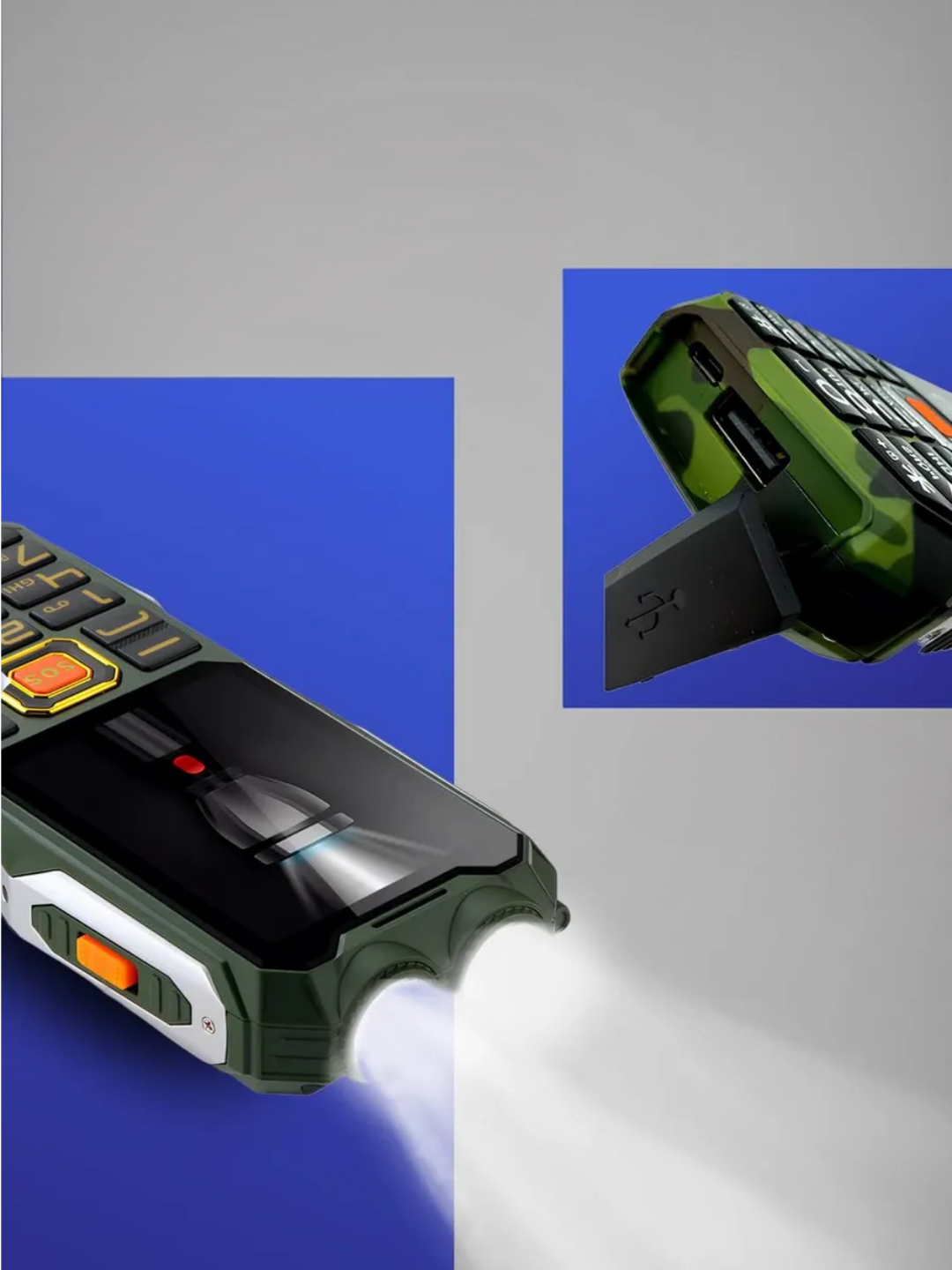 Prikaz telefona Landrover Q4000 sa dve lampe i delom za punjenje i mogucnoscu koriscenja kao eksterna baterija.