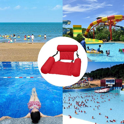 Kolaz slika prikazuje lezaljku u razlicitim vodenim okruzenjima. Idealno za bazene, jezera, more.