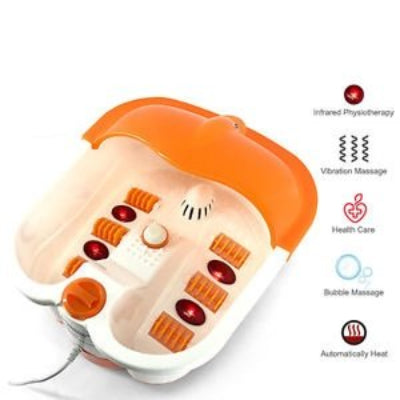 Kućni wellness centar za negu stopala sa infracrvenom terapijom i višestrukim funkcijama masaže (vibraciona i bubble), kao i automatskim grejanjem. Kadica je bele i narandžaste boje, a svaka funkcija je ilustrovana odgovarajućom ikonom.