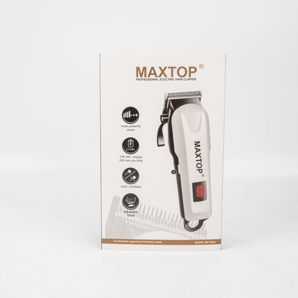 Maxtop profesionalna električna mašinica za šišanje, pakovanje sa detaljnim specifikacijama i prikazom mašinice.