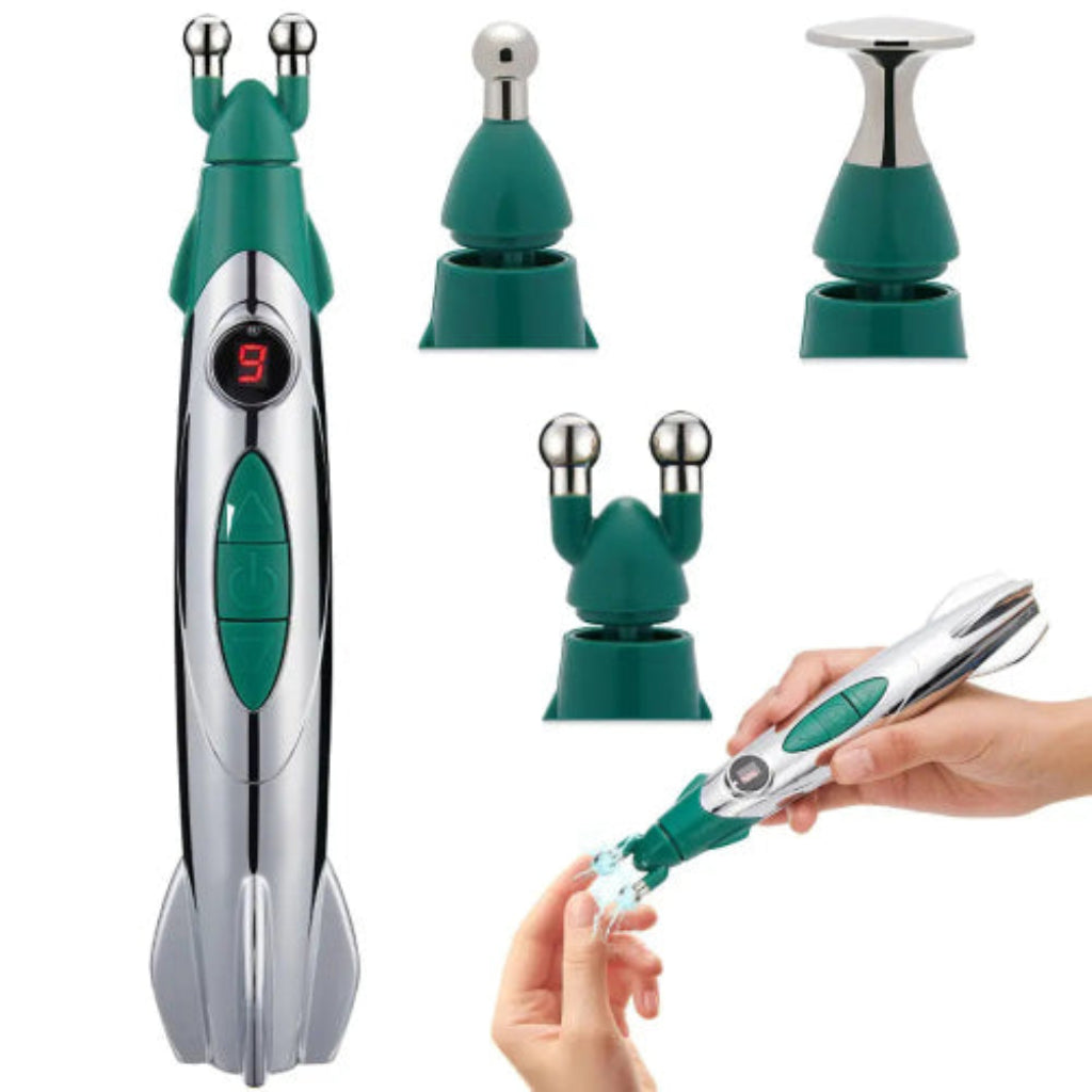 Elektricni akupunkturni masazer sa razlicitim nastavcima za terapiju na razlicitim delovima tela. Precizna masaza za opustanje misica.