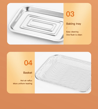 Oprema za Air Fryer pecnicu: duboki pleh za pecenje (03) i resetka za dehidraciju ili hrskavost (04). Podesivi nivoi za kuvanje.