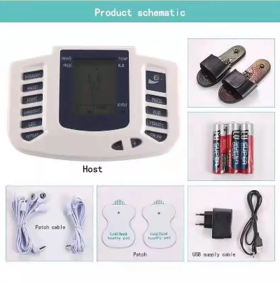 Sadrzaj pakovanja TENS EMS masazer fizikalna terapija uredjaj papuce elektrode jastucici adapter kablovi tretman kod kuce