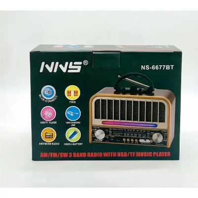 Originalno pakovanje i kutija za retro radio bluetooth zvucnik model NNS NS-6577BT prikazane sve specifikacije i funkcije uredjaja.