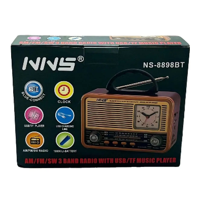 Originalno pakovanje i kutija za retro radio bluetooth zvucnik model NNS NS-808BT prikazane funkcije i specifikacije proizvoda.