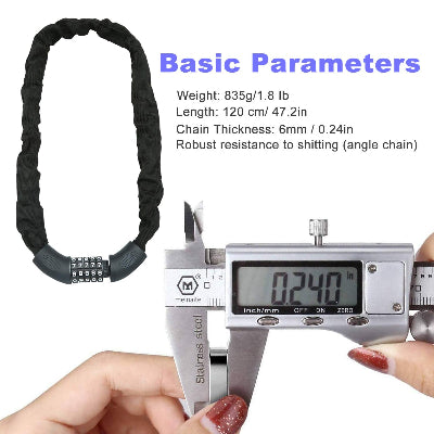 Osnovni parametri lanca za zakljucavanje bicikla sa prikazom duzine i debljine. Precizne dimenzije katanca.