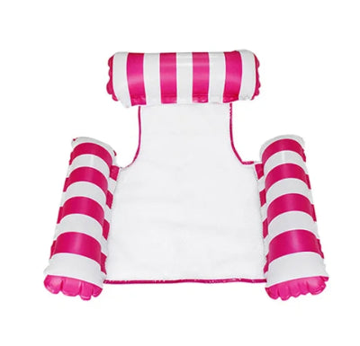 Plutajuca lezaljka za bazen sa prugastim dizajnom u roze i beloj boji. Idealna za odmor i suncanje na vodi.