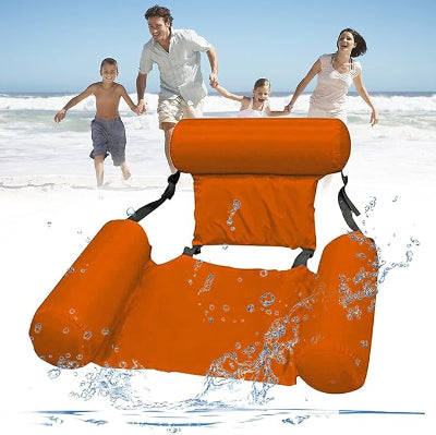 Narandzasta plutajuca lezaljka za bazen, idealna za relaksaciju. Porodica uziva na plazi. Savrseno za leto.