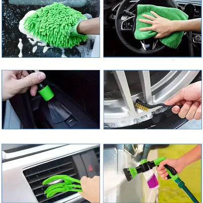 Detaljan prikaz upotrebe pribora za ciscenje automobila: rukavica za pranje, brisanje volana, cetkanje ventilacije, pranje felni i pranje vozila crevom.