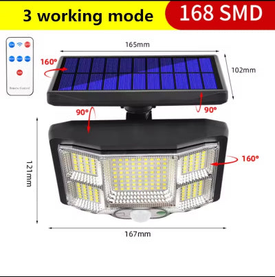 Solarna lampa sa 3 nacina rada daljinskim upravljacem 168 SMD led dioda i podesivim senzorom