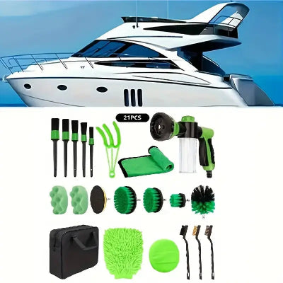 Kompletan set pribora za detaljno ciscenje automobila, camaca i brodova. Sadrzi cetke za felne, pranje, usisavanje, u zelenoj boji.