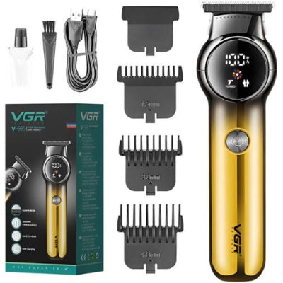 Pakovanje profesionalne VGR masinice za sisanje u zlatnoj boji, sa prikazanim punjacem, cesljicima, uljem i cetkicom za ciscenje.