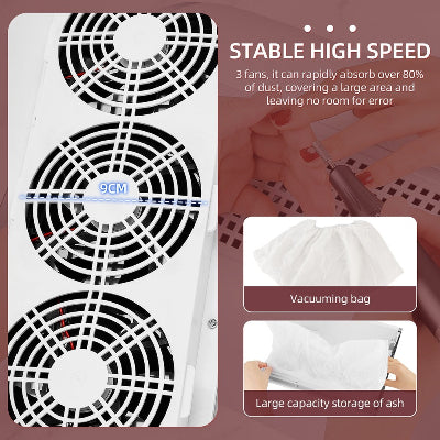 Prikaz ventilatora usisivaca za nokte. Visoka snaga i stabilan rad. Vreca za prasinu se lako menja i cisti.