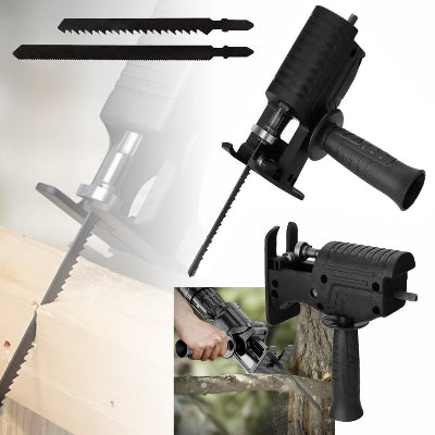 Prikaz adaptera sa busilicom u radu. Adapter ubodne testere za busilicu koristi se za secenje drvenih greda i debljeg granja.