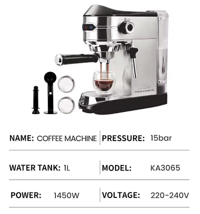 Tehnicke specifikacije aparata za espreso, ukljucujuci pritisak od 15 bara, kapacitet rezervoara za vodu od 1 litra, snagu od 1450W i napon.