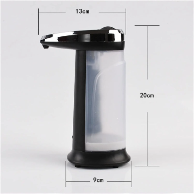 crni automatski dozer za sapun bez dodira sa dimenzijama 20cm visine, 13cm sirine i 9cm sirine postolja