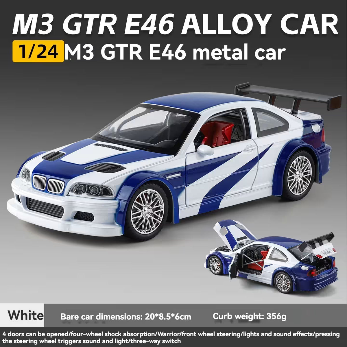 Plavo-beli metalni automobil BMW M3 GTR E46 u razmeri 1:24 sa specifikacijama