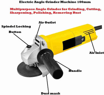 Dijagram ugaone brusilice sa oznacenim delovima. Visenamenski alat za brusenje, secenje, ostrenje i poliranje. Industrijski kvalitet.