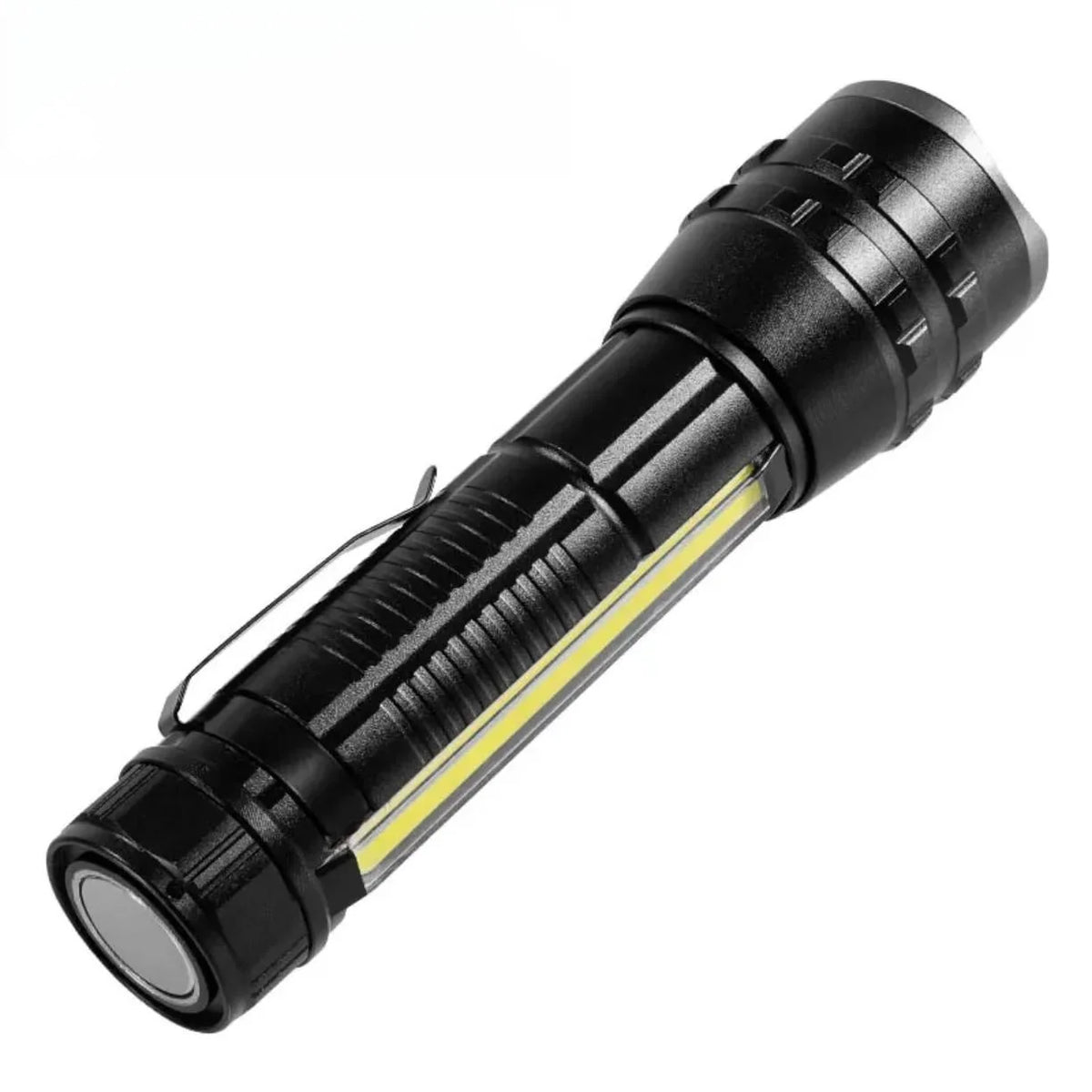 Crna punjiva LED baterijska lampa P27 sa klipsom i COB trakom