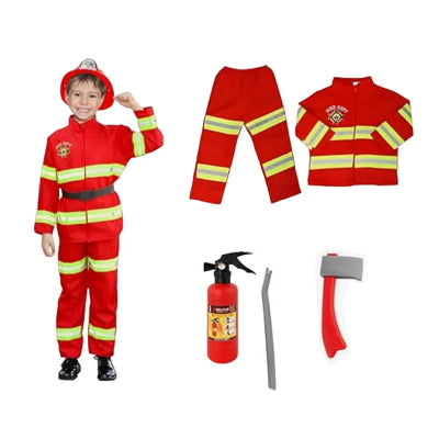 Deciji kostim vatrogasca sa kapom, odelom i igrackama. Crveno odelo sa reflektujucim trakama, idealno za igru uloga.