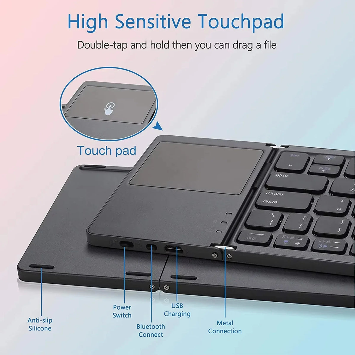 Detalj touchpada, USB punjenja i Bluetooth dugmeta na sklopivoj tastaturi