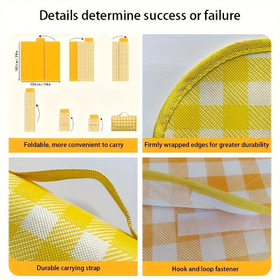 Detalji piknik prekrivaca u zutoj boji. Prikazane ivice, rucice i debljina materijala.