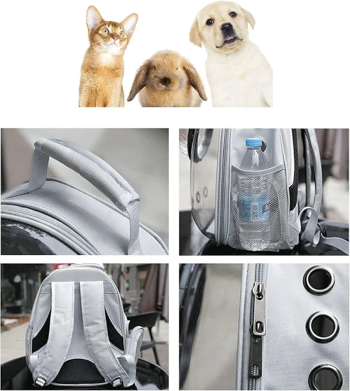 Kolaž od četiri slike koje prikazuju detalje sivog ranca za kucne ljubimce sa providnim prednjim delom u obliku kapsule.