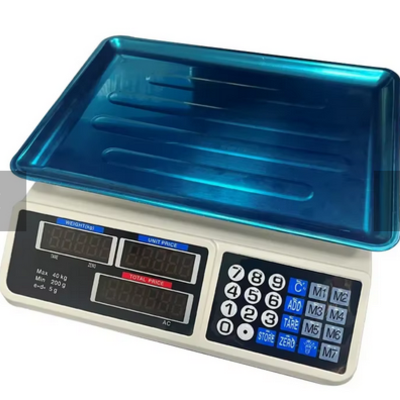 Digitalna vaga za merenje do 40 kilograma, idealna za upotrebu u trgovinama i na pijacama. Prikazuje tezinu, cenu i ukupnu vrednost, sa jasnim ekranima.