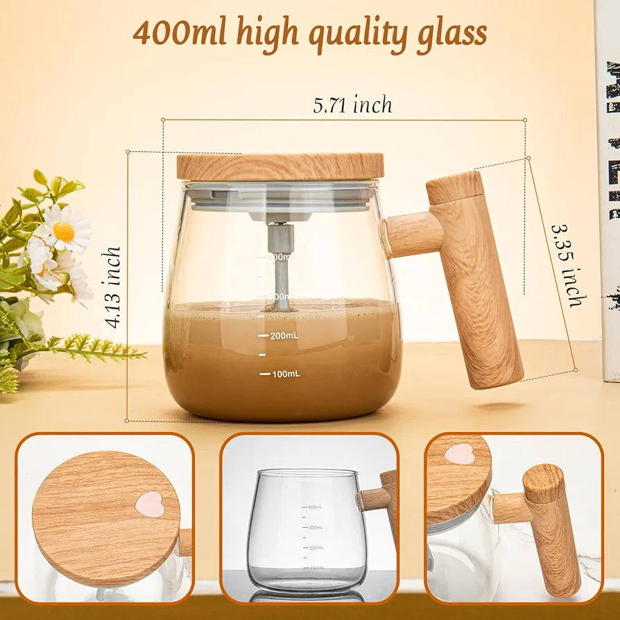Prikaz dimenzija automatske solje za kafu sa mesanjem. Glavna slika pokazuje solju od 400ml visoko kvalitetnog stakla sa drvenom drskom i poklopcem. Naznacene su dimenzije: visina 4.13 inca, sirina 5.71 inca i visina drske 3.35 inca. Ispod su tri dodatna prikaza solje: odozgo, prazna solja sa oznakama za merenje (100ml, 200ml, 300ml, 400ml) i bocni pogled na drsku i poklopac.