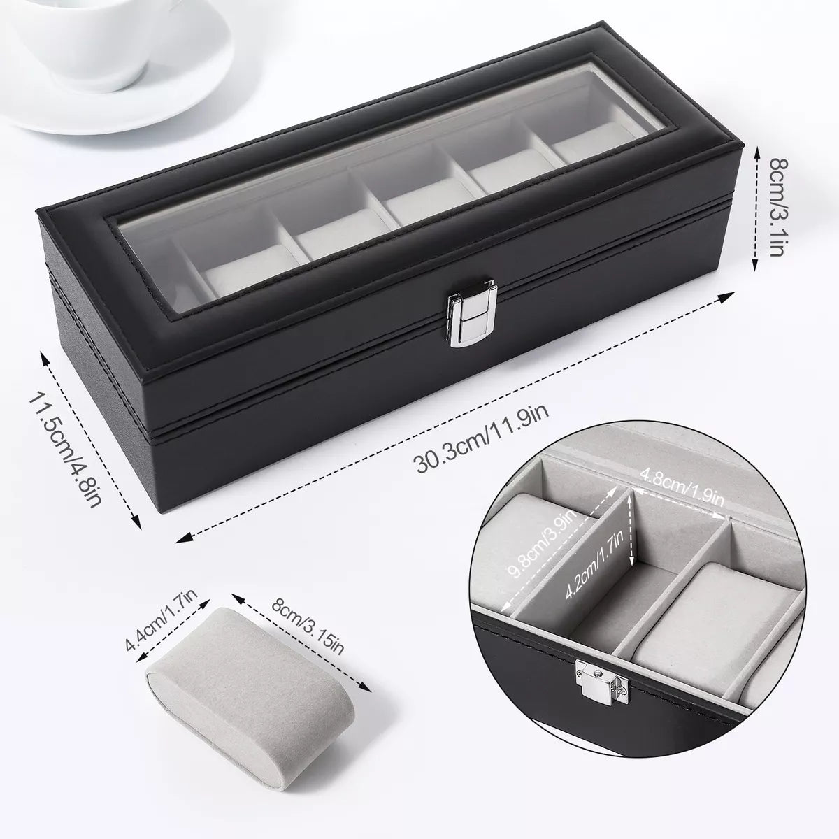 Crna kutija za ručne satove sa šest pregrada. Prikazane su dimenzije kutije: dužina 30.3cm, širina 11.5cm, visina 8cm, kao i dimenzije pregrada i jastučića. Idealna za organizaciju satova.