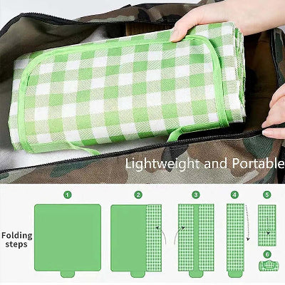 Dimenzije i sklapanje piknik prekrivaca. Prikazan nacin pakovanja za lako prenošenje.